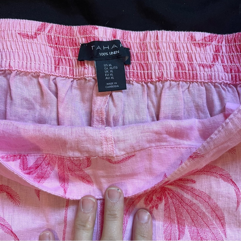 Tahari Pants Womens XL Pink Palm Leaf Linen Wide Leg Drawstring Pockets - Picture 7 of 9